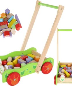 Дървена количка с цветни кубчета за игра