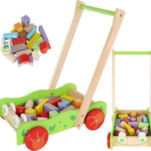 Дървена количка с цветни кубчета за игра