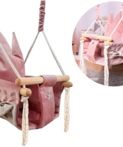 Дървена детска люлка Корона в розов цвят