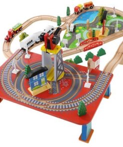 Дървено цветно влакче с релси и аксесоари