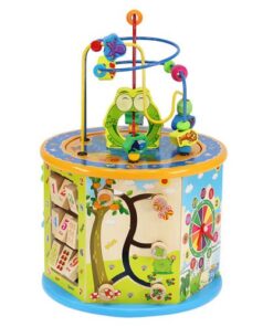 Образователен дървен детски куб с цветни играчки