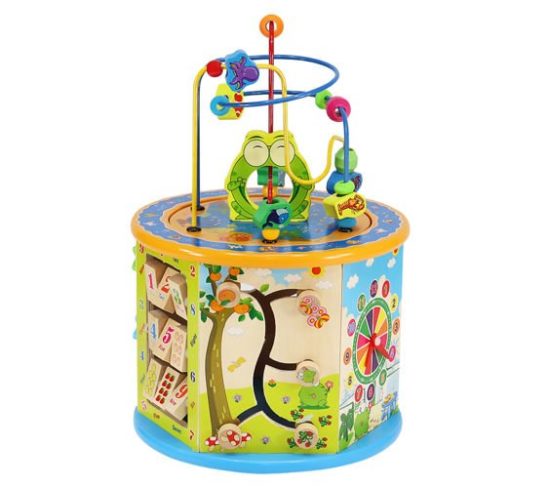 Образователен дървен детски куб с цветни играчки