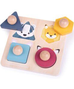 Bigjigs - Дървен пъзел с държки - Форми и горски животни