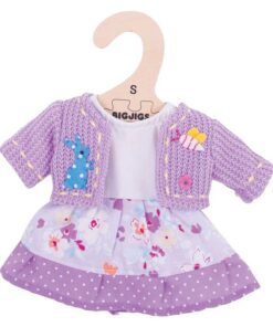 Дрехи за кукла 25 см Лилава рокля с жилетка Bigjigs