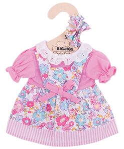 Дрехи за кукла 25 см Цветна рокля с аксесоари за коса Bigjigs
