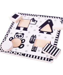 Дървен пъзел в черно и бяло с животни Bigjigs