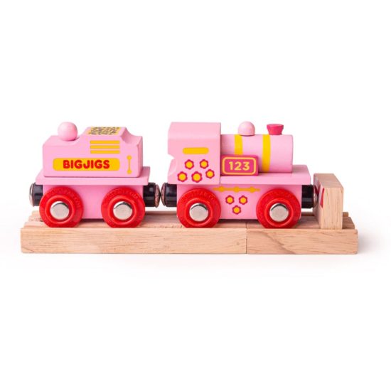 Дървен розов локомотив детска играчка за дърпане Bigjigs