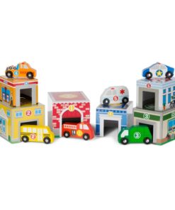 Дървена игра за сортиране със сгради и клички Melissa & Doug. Вземете шест блока за сортиране, добавете шест номерирани превозни средства, които да