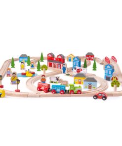 Дървено влакче с релси Град и село Bigjigs