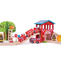Дървено влакче с релси Пожарна станция Bigjigs