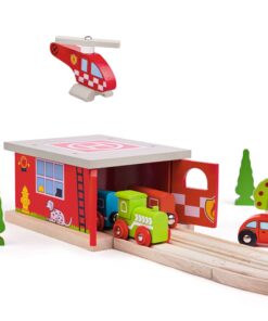 Пожарна станция с хеликоптер за дървена железница Bigjigs