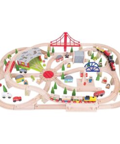 Товарен дървен влак с аксесоари и релси Bigjigs