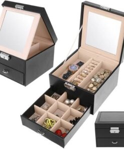 Кутия за бижута и аксесоари с огледало в черно