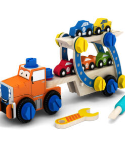 Дървен конструктор с болтчета и гайки и камион за сглобяване с колички