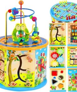 Образователна играчка дървено кубче с движещи се елементи 1