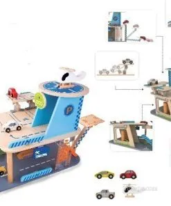 Дървен гараж с колички за игра у дома